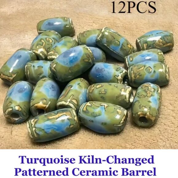 Turquoise Kiln-Changed Patterned Ceramic Barrel Beads 12 Beads - Picture 1 of 2